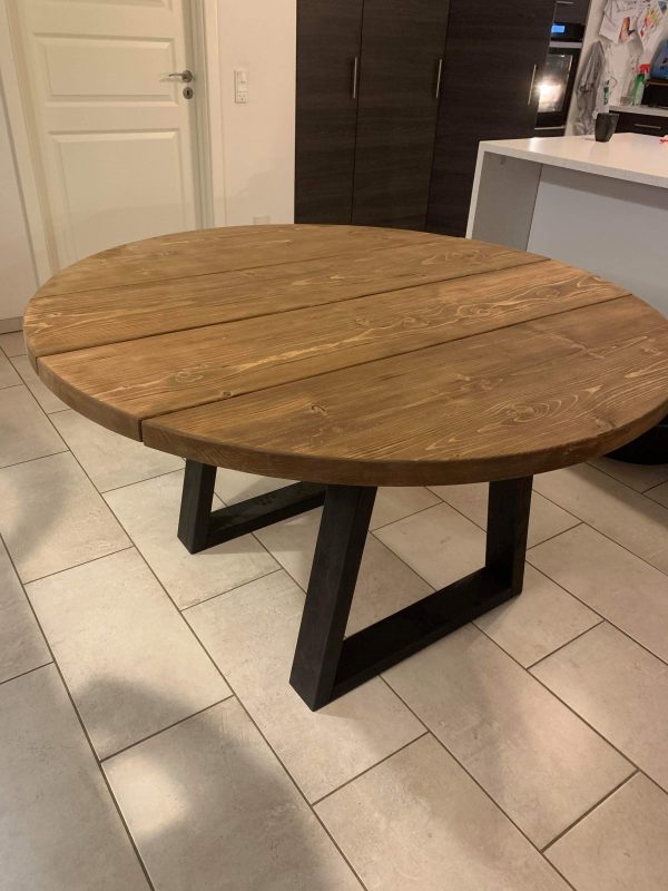 Rund plankebord fyrretræ med trapezben