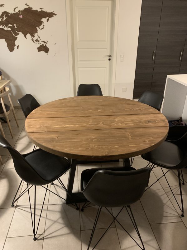Rund plankebord fyrretræ med trapezben